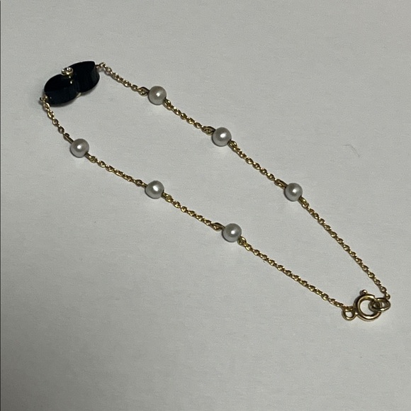 14K Gold + Black Onyx w/ double-sided Diamonds on stationed Pearl chain bracelet - Picture 3 of 14